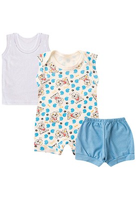 Kit Beb� (3 Pe�as) Banho de Sol Creme Doguinho, Camiseta e Tapa Fralda Azul (P/M/G) - Beb� Fofuxo