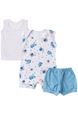 Kit Bebê (3 Peças) Banho de Sol Branco Elefante, Camiseta e Tapa Fralda Azul (P/M/G) - Bebê Fofuxo