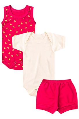 Kit Bebê (3 Peças) Body Regata Pink Coração, Body Manga Curta e Tapa Fralda (P/M/G) - Bebê Fofuxo