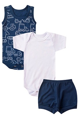 Kit Beb� (3 Pe�as) Body Marinho Caminh�o, Body Curto Branco e Tapa Fralda (P/M/G) - Beb� Fofuxo