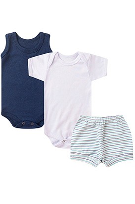 Kit Beb� (3 Pe�as) Body Regata Marinho, Body Manga Curta Branco e Tapa Fralda (P/M/G) - Beb� Fofuxo
