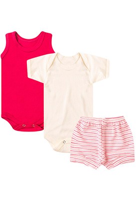 Kit Bebê (3 Peças) Body Regata Pink, Body Manga Curta Creme e Tapa Fralda Rosa (P/M/G) - Bebê Fofuxo