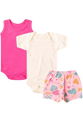 Kit Bebê (3 Peças) Body Regata Rosa, Body Manga Curta Creme e Tapa Fralda Rosa (P/M/G) - Bebê Fofuxo