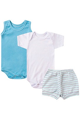 Kit Beb� (3 Pe�as) Body Regata Azul, Body Manga Curta Branco e Tapa Fralda (P/M/G) - Beb� Fofuxo