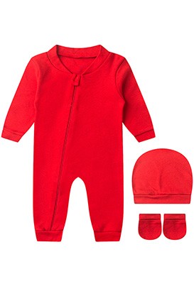 Kit Bebê (3 Peças) Macacão, Touca e Luva Suedine Liso Vermelho (RN/P) - Bebê Fofuxo
