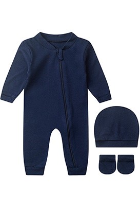 Kit Bebê (3 Peças) Macacão, Touca e Luva Suedine Liso Azul Marinho (RN/P) - Bebê Fofuxo