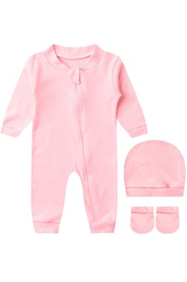 Kit Bebê (3 Peças) Macacão, Touca e Luva Suedine Liso Rosa (RN/P) - Bebê Fofuxo