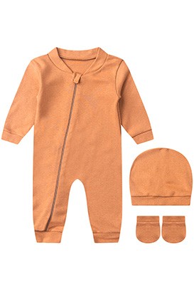Kit Bebê (3 Peças) Macacão, Touca e Luva Suedine Liso Marrom (RN/P) - Bebê Fofuxo