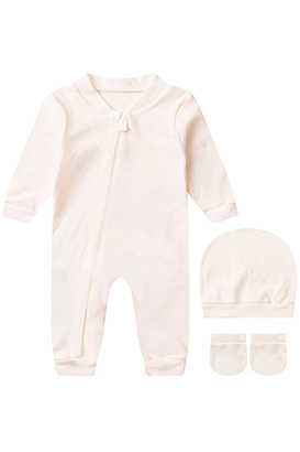 Kit Bebê (3 Peças) Macacão, Touca e Luva Suedine Liso Off White (RN/P) - Bebê Fofuxo