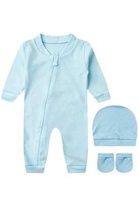Kit Beb� (3 Pe�as) Macac�o, Touca e Luva Suedine Liso Azul (RN/P) - Beb� Fofuxo