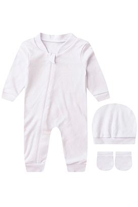 Kit Bebê (3 Peças) Macacão, Touca e Luva Suedine Liso Branco (RN/P) - Bebê Fofuxo