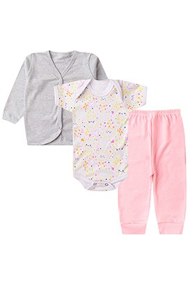 Kit Bebê (3 Peças) Body Manga Curta Branco, Mijão Rosa e Casaquinho Mescla (P/M/G) - Bebê Fofuxo
