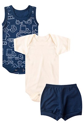 Kit Bebê (3 Peças) Body Marinho Caminhão, Body Curto Creme e Tapa Fralda (P/M/G) - Bebê Fofuxo