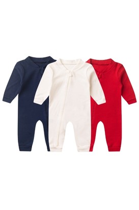 Kit 3 Macacões de Bebê Minimalista Off White, Vermelho e Azul Marinho (RN/P/M/G/1) - Bebê Fofuxo