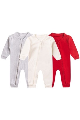 Kit 3 Macacões de Bebê Minimalista Off White, Vermelho e Mescla (RN/P/M/G/1) - Bebê Fofuxo