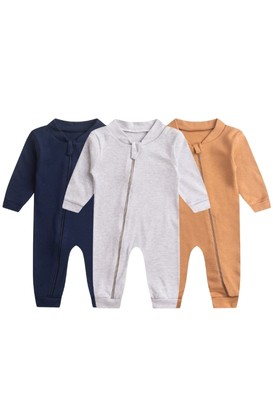 Kit 3 Macacões de Bebê Minimalista Azul Marinho, Marrom e Mescla (RN/P/M/G/1) - Bebê Fofuxo