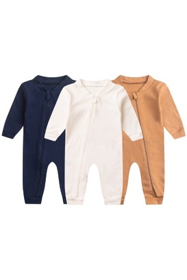 Kit 3 Macacões de Bebê Minimalista Azul Marinho, Marrom e Off White (RN/P/M/G/1) - Bebê Fofuxo