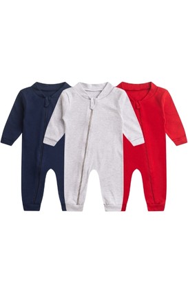 Kit 3 Macacões de Bebê Minimalista Azul Marinho, Vermelho e Mescla (RN/P/M/G/1) - Bebê Fofuxo