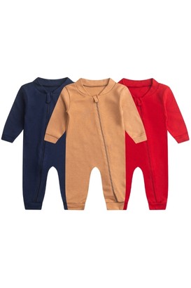 Kit 3 Macacões de Bebê Minimalista Azul Marinho, Vermelho e Marrom (RN/P/M/G/1) - Bebê Fofuxo
