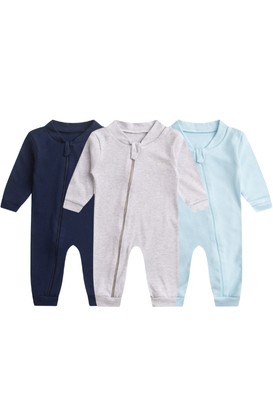 Kit 3 Macacões de Bebê Minimalista Azul Marinho, Mescla e Azul (RN/P/M/G/1) - Bebê Fofuxo