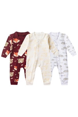 Kit 3 Macacões de Bebê Estampas Minimalistas Animais e Nuvens (RN/P/M/G) - Bebê Fofuxo