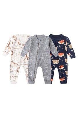 Kit 3 Macac�es de Beb� Minimalista Unissex Safari (RN/P/M/G) - Beb� Fofuxo