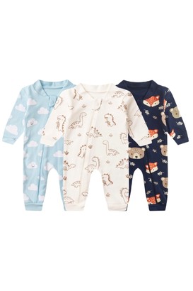 Kit 3 Macacões de Bebê com Zíper Nuvens, Dinossauros e Ursinhos (RN/P/M/G) - Bebê Fofuxo