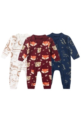 Kit 3 Macac�es de Beb� com Z�per Estampas Animais e Dinossauros (RN/P/M/G) - Beb� Fofuxo