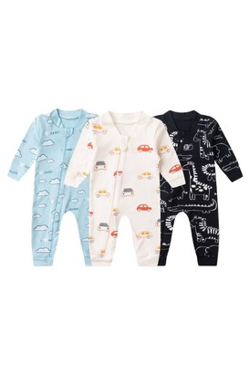 Kit 3 Macacões de Bebê Com Zíper Carrinhos, Dinossauro e Nuvens (RN/P/M/G) - Bebê Fofuxo