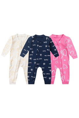 Kit 3 Macacões de Bebê Com Zíper Ovelhinha, Love e Corações (RN/P/M/G) - Bebê Fofuxo