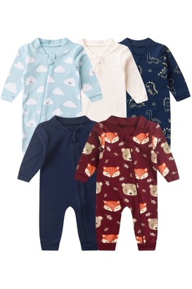 Kit 5 Macacões de Bebê Com Zíper Fofura Completa Dino, Urso, Nuvem e Lisos (RN/P/M/G) - Bebê Fofuxo