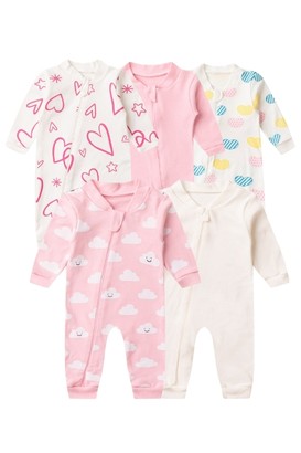 Kit 5 Macac�es de Beb� Com Z�per Doce Encanto � Cora��es, Nuvens e Lisos (RN/P/M/G) - Beb� Fofuxo