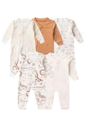 Kit 5 Macacões de Bebê Com Zíper Aventura e Carinho Ovelha, Nuvens e Safari (RN/P/M/G) - Bebê Fofuxo