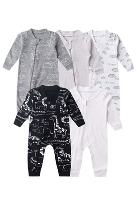 Kit 5 Macac�es de Beb� Com Z�per Mundo Encantado Safari, Nuvens e Ovelha e Lisos RN/G - Beb� Fofuxo