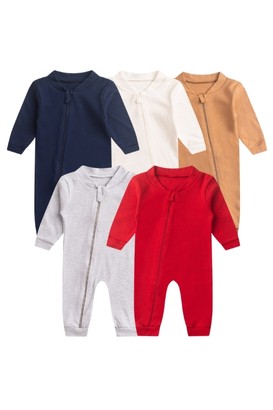 Kit 5 Macacões de Bebê Com Zíper Básicos – Azul, Vermelho e Neutros (RN/P/M/G/1) - Bebê Fofuxo