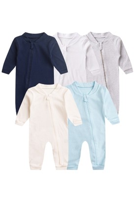Kit 5 Macacões de Bebê Com Zíper Conforto – Azul, Cinza e Branco (RN/P/M/G/1) - Bebê Fofuxo