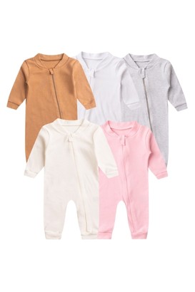 Kit 5 Macacões de Bebê Com Zíper Básicos – Rosa e Tons Neutros (RN/P/M/G/1) - Bebê Fofuxo