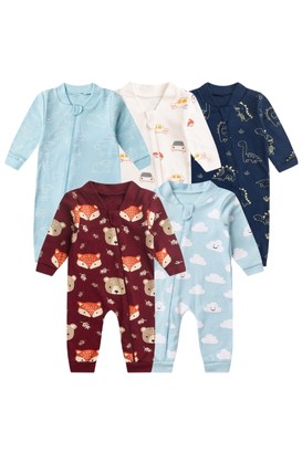 Kit 5 Macacões de Bebê Com Zíper Mundo Encantado: Dino, Raposa, Nuvem e Amigos (RN/G) - Bebê Fofuxo