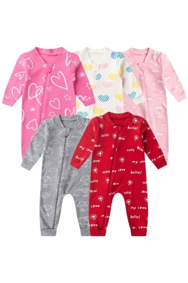 Kit 5 Macacões de Bebê Com Zíper Minimalistas Amor e Carinho (RN/P/M/G) - Bebê Fofuxo