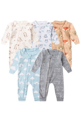 Kit 5 Macac�es de Beb� Com Z�per Minimalistas Aventura M�gica (RN/P/M/G) - Beb� Fofuxo