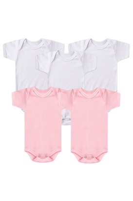 Kit Bebê Feminino (5 Peças) Body Canelado Branco e Rosa Manga Curta (PREMATURO) - Bebê Fofuxo