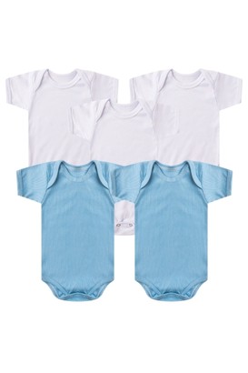 Kit Bebê Masculino (5 Peças) Body Canelado Branco e Azul Manga Curta (PREMATURO) - Bebê Fofuxo