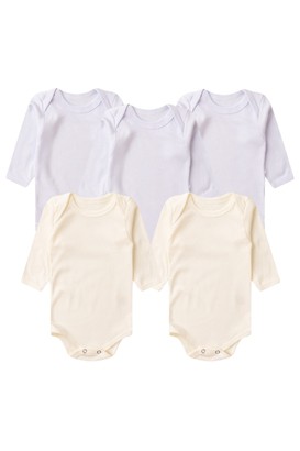 Kit Bebê (5 Peças) Body Canelado Branco e Creme Manga Longa (PREMATURO) - Bebê Fofuxo