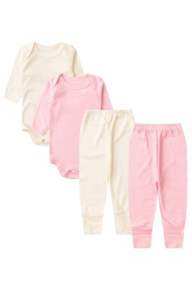 Kit Beb� (4 Pe�as) Body Mij�o Canelado Rosa e Creme (PREMATURO) - Beb� Fofuxo