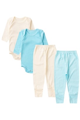 Kit Bebê (4 Peças) Body Mijão Canelado Turquesa e Creme (PREMATURO) - Bebê Fofuxo
