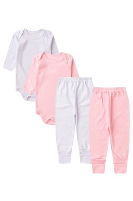 Kit Bebê (4 Peças) Body Mijão Canelado Branco e Rosa (PREMATURO) - Bebê Fofuxo