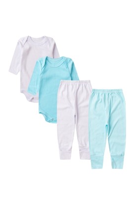 Kit Beb� (4 Pe�as) Body Mij�o Canelado Branco e Turquesa (PREMATURO) - Beb� Fofuxo