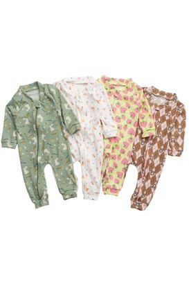 Kit 4 Macacão Canelado Estampado para Bebê com Zíper Menino e Menina – (RN/P/M/G) - Bebê Fofuxo