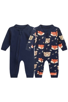 Kit 2 Macacão Bebê Sem Pé Zíper Frontal Suedine Liso + Estampado - Bebê Fofuxo